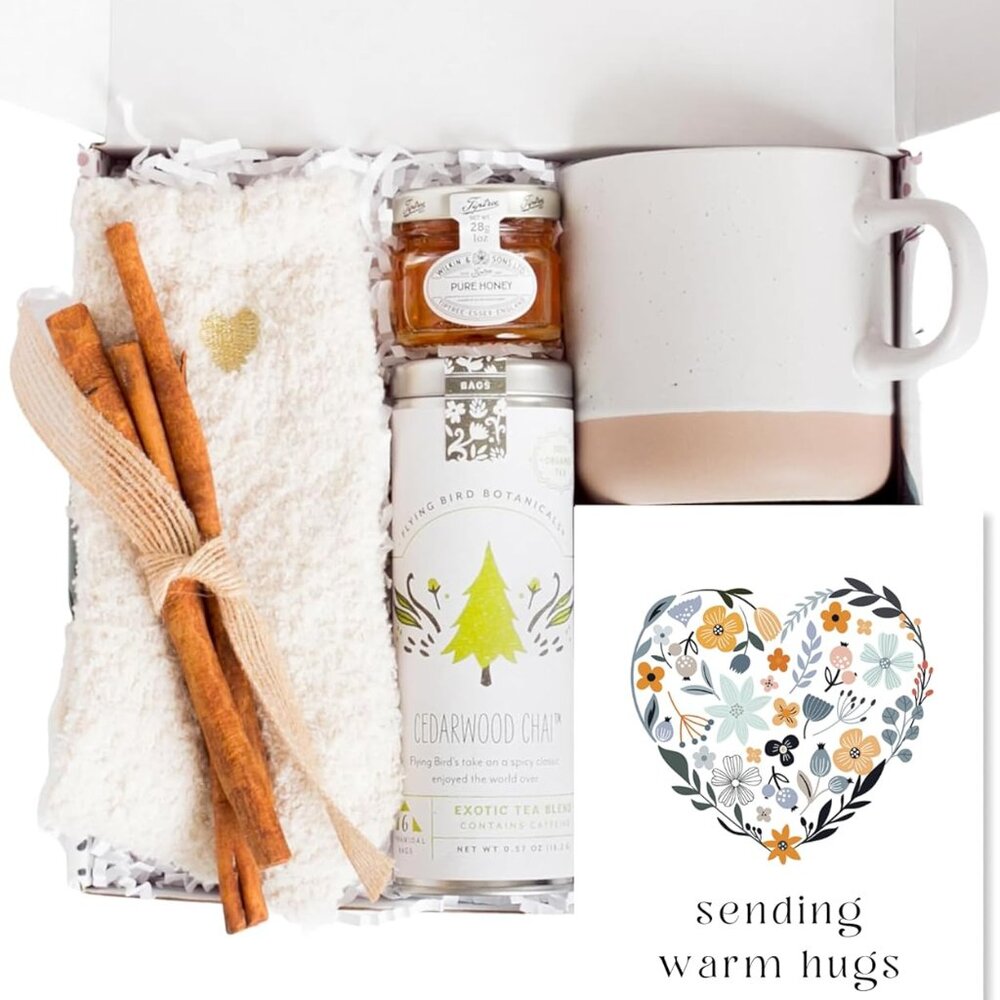 Mother's Day Tea Lover's Basket - Self-Care Box with Cozy Socks, Ceramic Mug, Ch